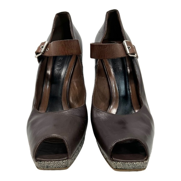 Marni Brown Leather Colorblock Tweed Peep Toe Maryjane Platform Heels Women’s 8 - Picture 2 of 12